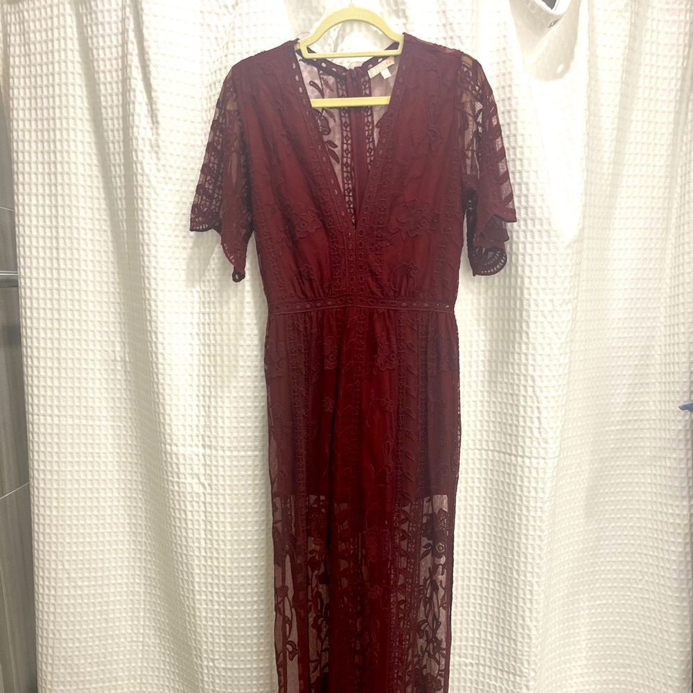 GB Size M Maroon Lace Semi-Sheer Floor Length Dress